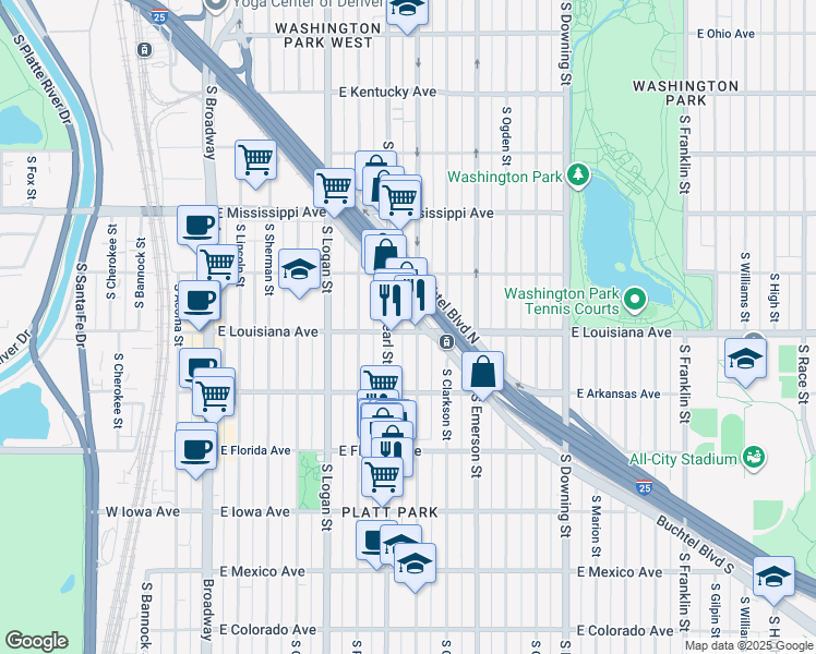 map of restaurants, bars, coffee shops, grocery stores, and more near 675 East Louisiana Avenue in Denver