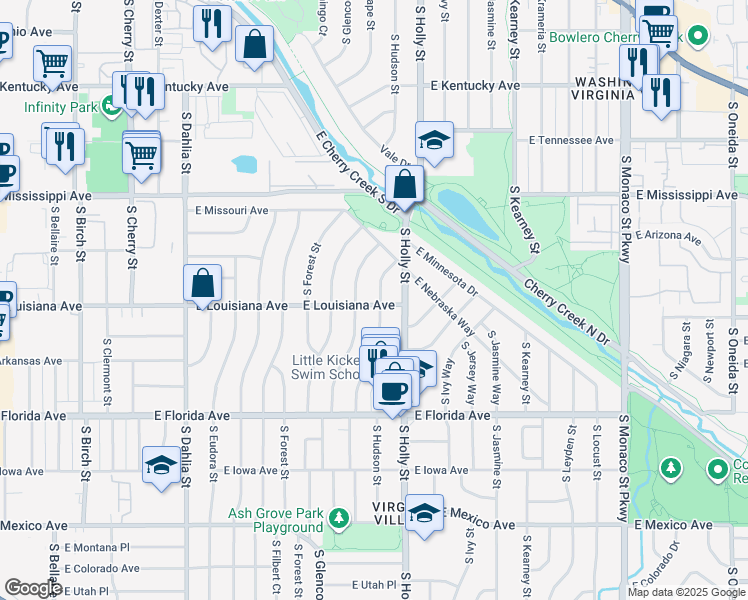 map of restaurants, bars, coffee shops, grocery stores, and more near 1295 South Hudson Street in Denver