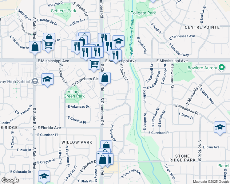 map of restaurants, bars, coffee shops, grocery stores, and more near 15425 East Louisiana Avenue in Aurora