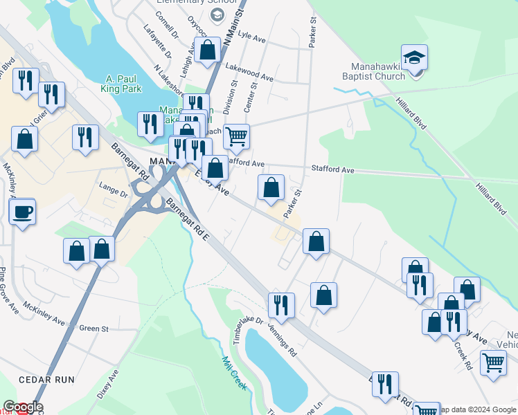 map of restaurants, bars, coffee shops, grocery stores, and more near 145 East Bay Avenue in Stafford Township