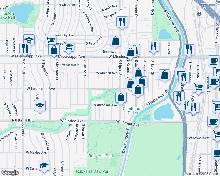 map of restaurants, bars, coffee shops, grocery stores, and more near 1303 West Louisiana Avenue in Denver