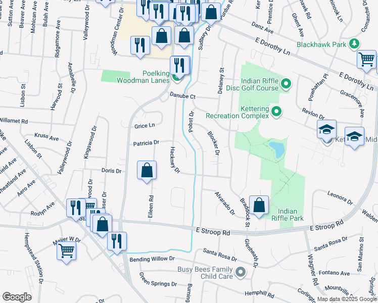 map of restaurants, bars, coffee shops, grocery stores, and more near 2256 Patricia Drive in Dayton