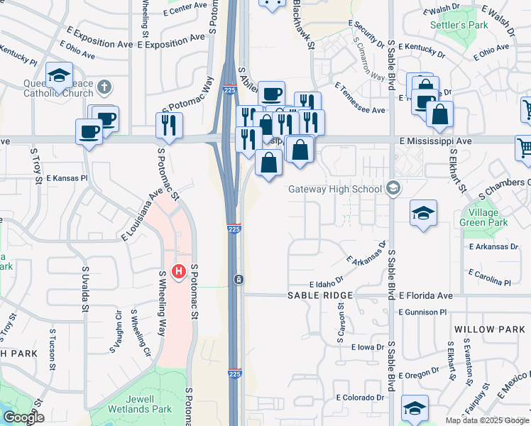 map of restaurants, bars, coffee shops, grocery stores, and more near 1278 South Abilene Street in Aurora