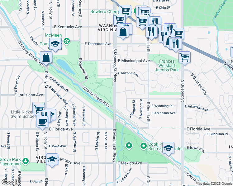 map of restaurants, bars, coffee shops, grocery stores, and more near 97 South Monaco Parkway in Denver
