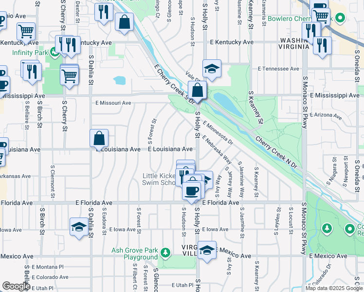 map of restaurants, bars, coffee shops, grocery stores, and more near 1295 South Hudson Street in Denver