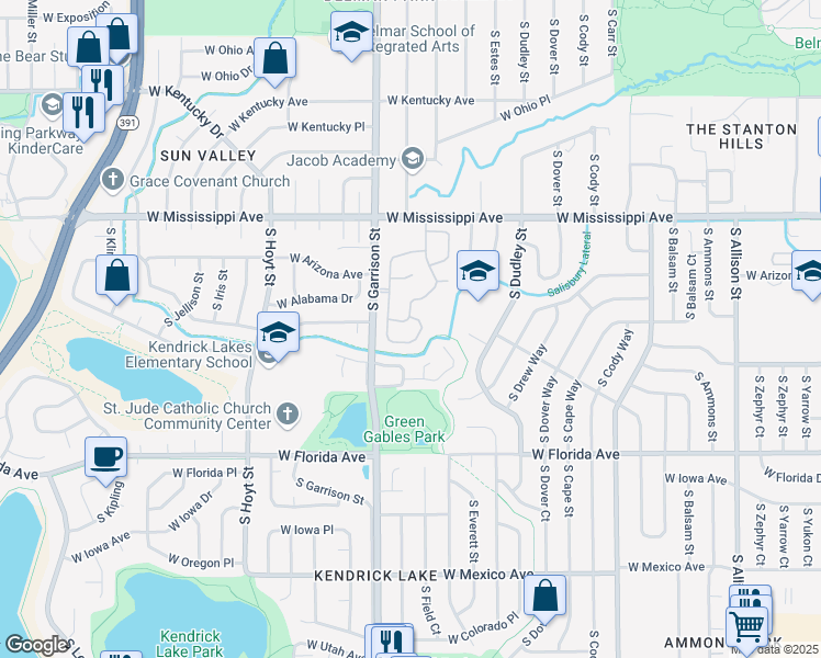 map of restaurants, bars, coffee shops, grocery stores, and more near 1237 South Flower Circle in Lakewood