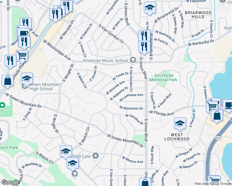 map of restaurants, bars, coffee shops, grocery stores, and more near 12369 West Alabama Place in Lakewood