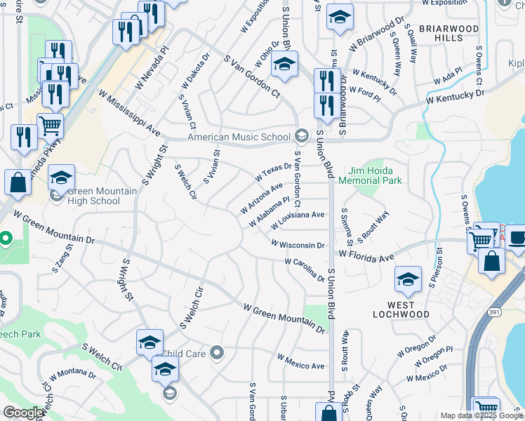 map of restaurants, bars, coffee shops, grocery stores, and more near 12369 West Alabama Place in Lakewood