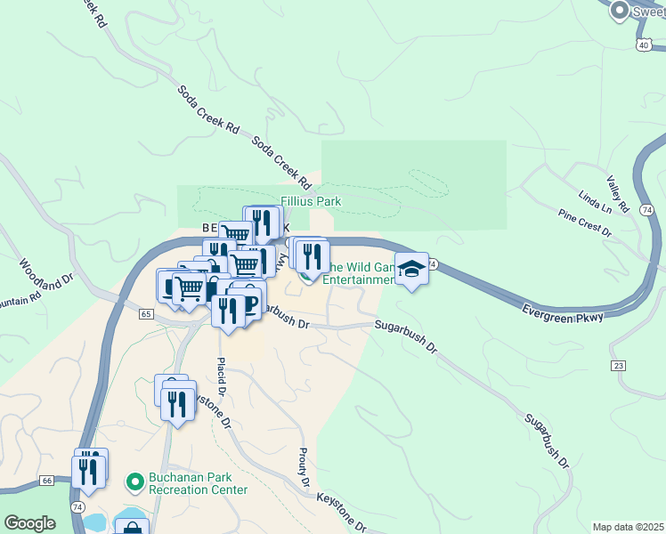 map of restaurants, bars, coffee shops, grocery stores, and more near 1194 Red Lodge Drive in Evergreen