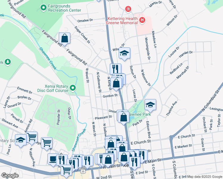 map of restaurants, bars, coffee shops, grocery stores, and more near 606 North King Street in Xenia