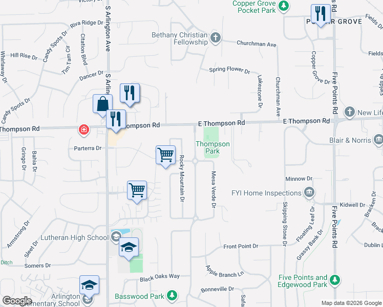 map of restaurants, bars, coffee shops, grocery stores, and more near 5126 Thompson Park Boulevard in Indianapolis