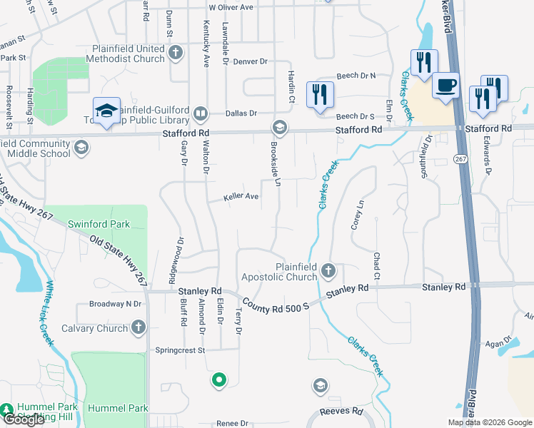 map of restaurants, bars, coffee shops, grocery stores, and more near 933 Brookside Lane in Plainfield