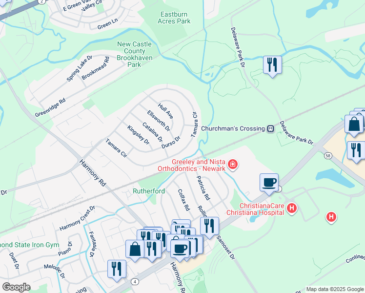 map of restaurants, bars, coffee shops, grocery stores, and more near 415 Tamara Circle in Newark