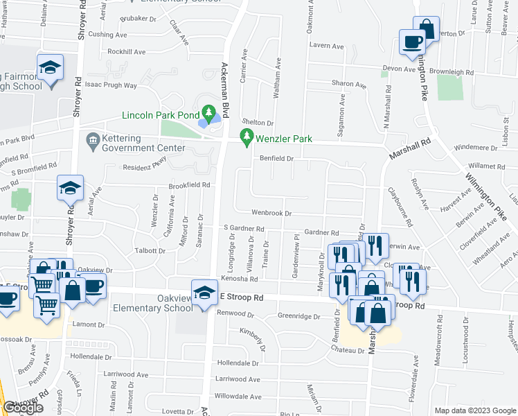 map of restaurants, bars, coffee shops, grocery stores, and more near 957 Wenbrook Drive in Dayton
