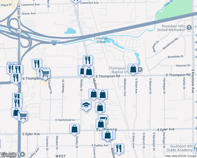 map of restaurants, bars, coffee shops, grocery stores, and more near 1219 Thompson Road in Indianapolis
