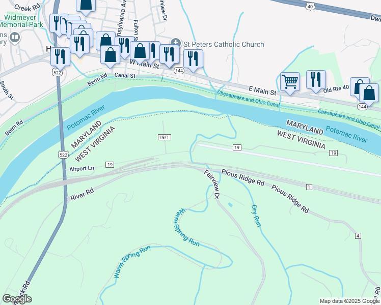 map of restaurants, bars, coffee shops, grocery stores, and more near 53 Maryland 144 in Hancock
