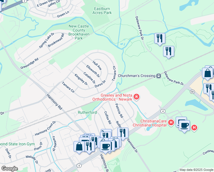 map of restaurants, bars, coffee shops, grocery stores, and more near 415 Tamara Circle in Newark