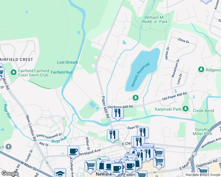 map of restaurants, bars, coffee shops, grocery stores, and more near 1005 Wharton Drive in Newark