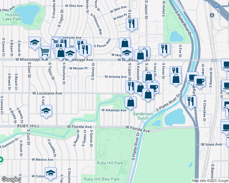 map of restaurants, bars, coffee shops, grocery stores, and more near 1303 West Louisiana Avenue in Denver