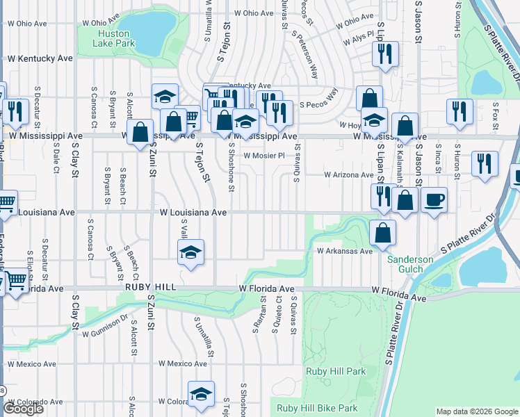 map of restaurants, bars, coffee shops, grocery stores, and more near 1301 South Raritan Street in Denver