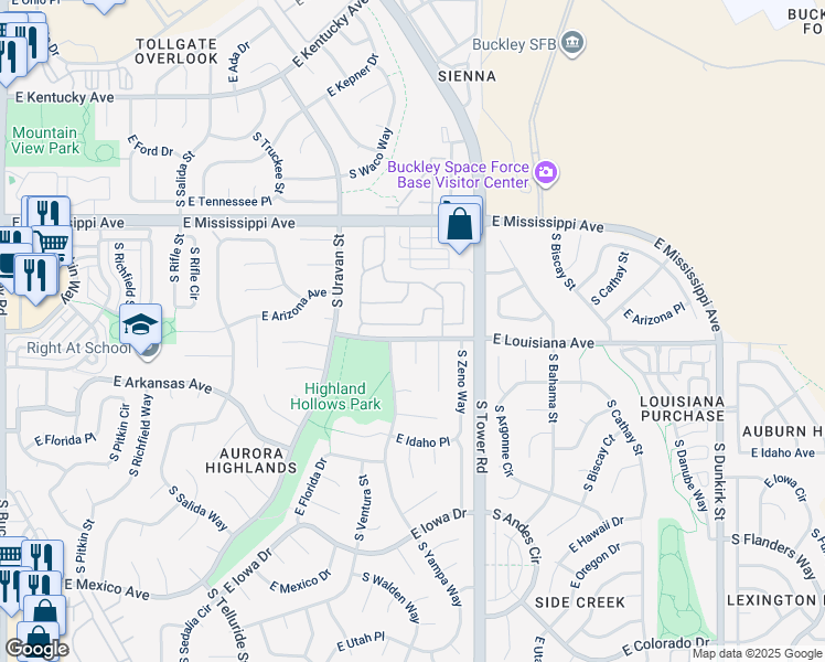 map of restaurants, bars, coffee shops, grocery stores, and more near in Aurora
