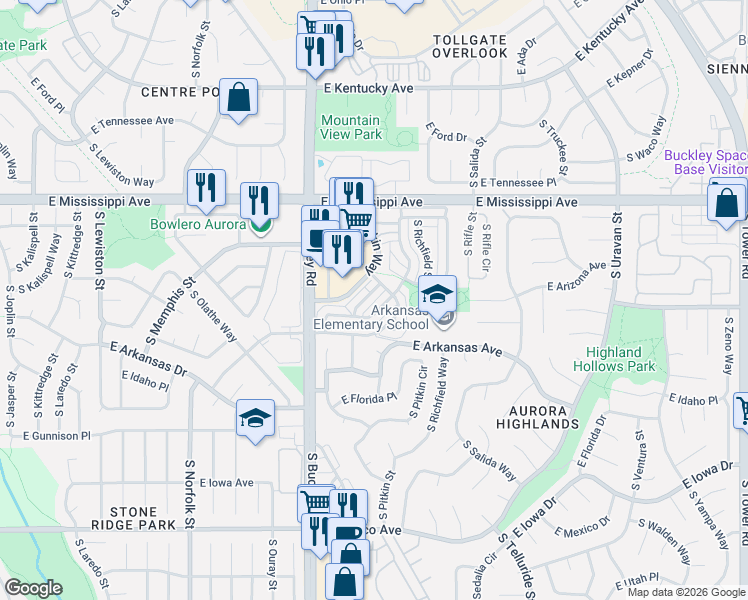 map of restaurants, bars, coffee shops, grocery stores, and more near 17123 East Wyoming Drive in Aurora