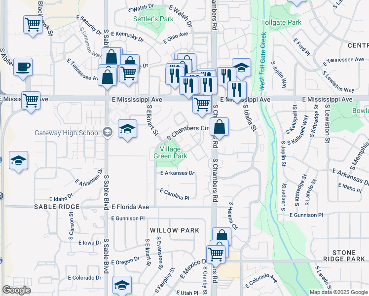 map of restaurants, bars, coffee shops, grocery stores, and more near 15106 East Louisiana Drive in Aurora