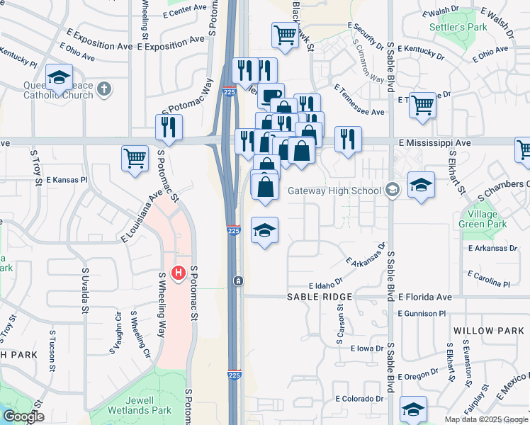 map of restaurants, bars, coffee shops, grocery stores, and more near 1278 South Abilene Street in Aurora