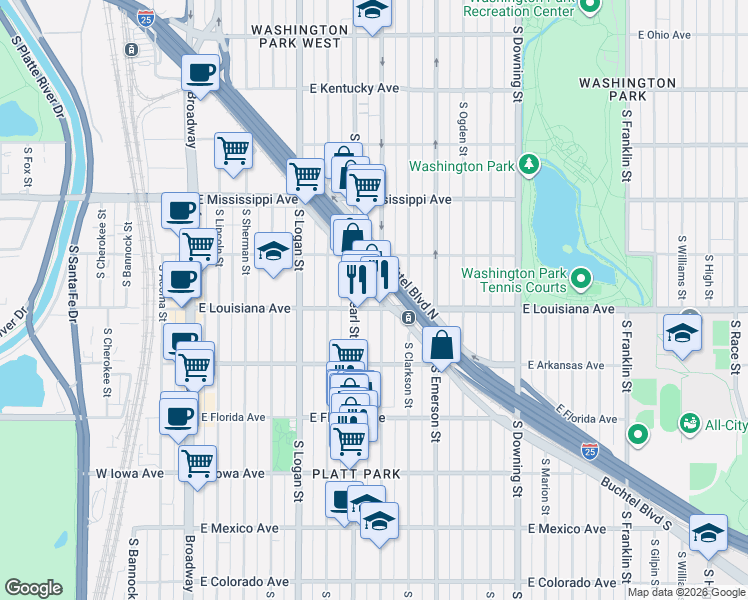 map of restaurants, bars, coffee shops, grocery stores, and more near 675 East Louisiana Avenue in Denver