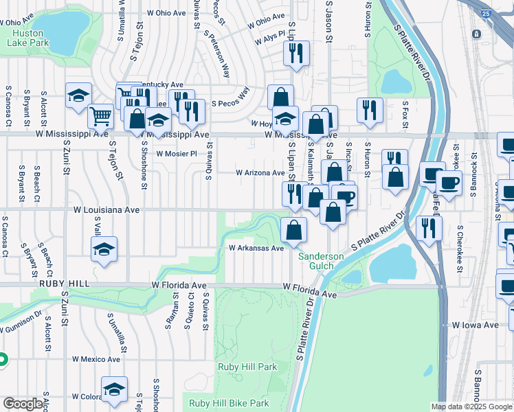 map of restaurants, bars, coffee shops, grocery stores, and more near 1303 West Louisiana Avenue in Denver