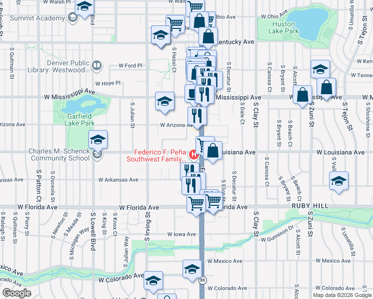 map of restaurants, bars, coffee shops, grocery stores, and more near 3150 West Louisiana Avenue in Denver