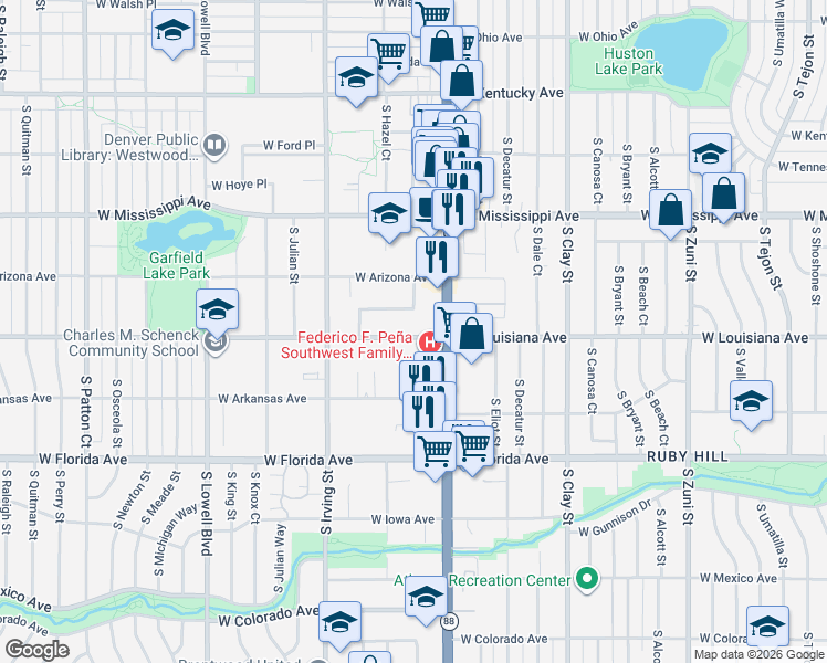 map of restaurants, bars, coffee shops, grocery stores, and more near 3150 West Louisiana Avenue in Denver
