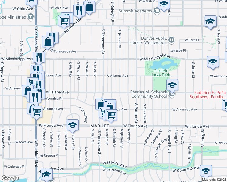 map of restaurants, bars, coffee shops, grocery stores, and more near 1300 South Raleigh Street in Denver