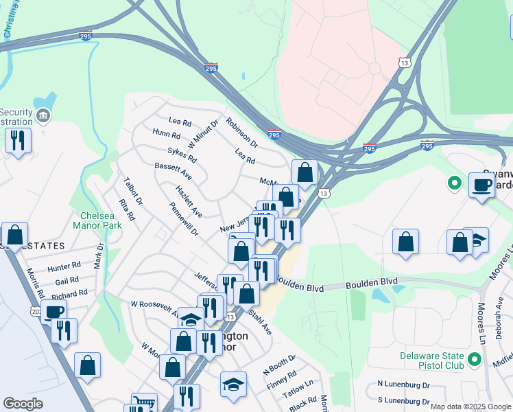 map of restaurants, bars, coffee shops, grocery stores, and more near 8 Carvel Avenue in Wilmington Manor