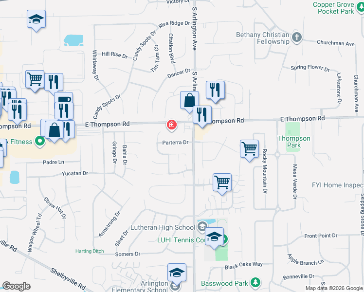 map of restaurants, bars, coffee shops, grocery stores, and more near 5962 Brouse Drive in Indianapolis