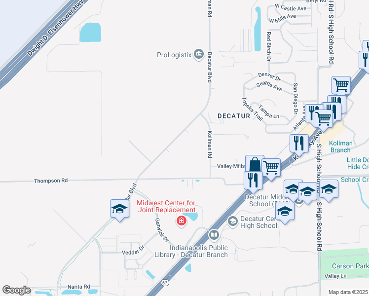 map of restaurants, bars, coffee shops, grocery stores, and more near 4835 Decatur Boulevard in Indianapolis