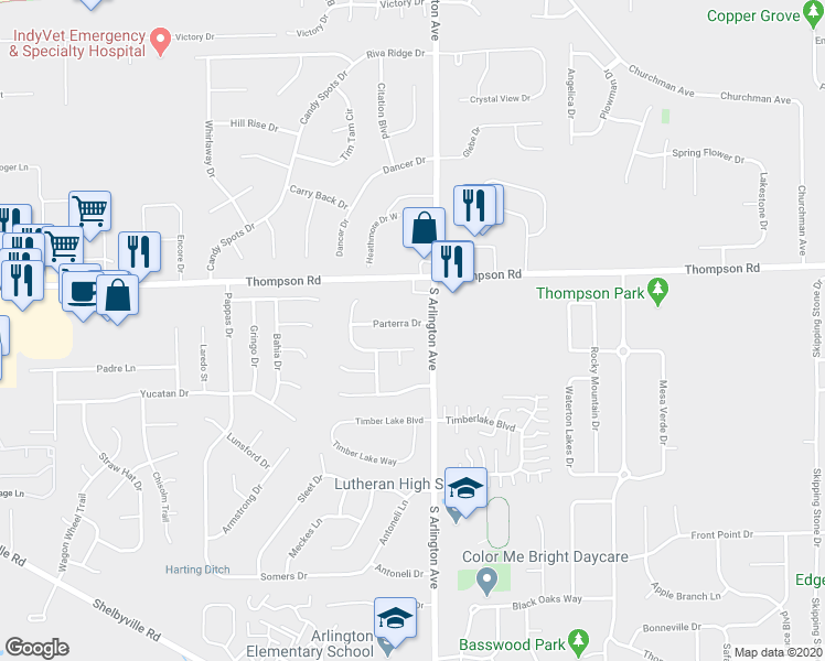 map of restaurants, bars, coffee shops, grocery stores, and more near 5955 Parterra Drive in Indianapolis
