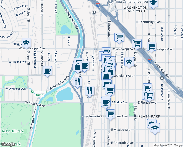 map of restaurants, bars, coffee shops, grocery stores, and more near 235 West Louisiana Avenue in Denver