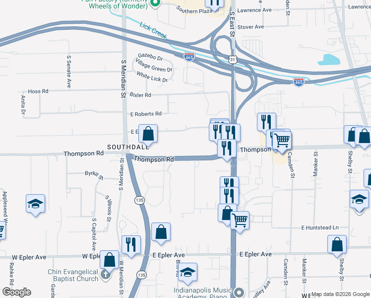 map of restaurants, bars, coffee shops, grocery stores, and more near 302 Thompson Road in Indianapolis