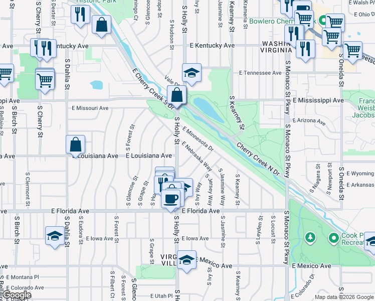 map of restaurants, bars, coffee shops, grocery stores, and more near 1300 South Holly Street in Denver