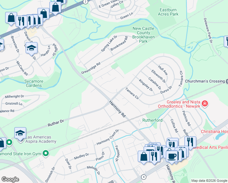 map of restaurants, bars, coffee shops, grocery stores, and more near 802 Old Harmony Road in Newark