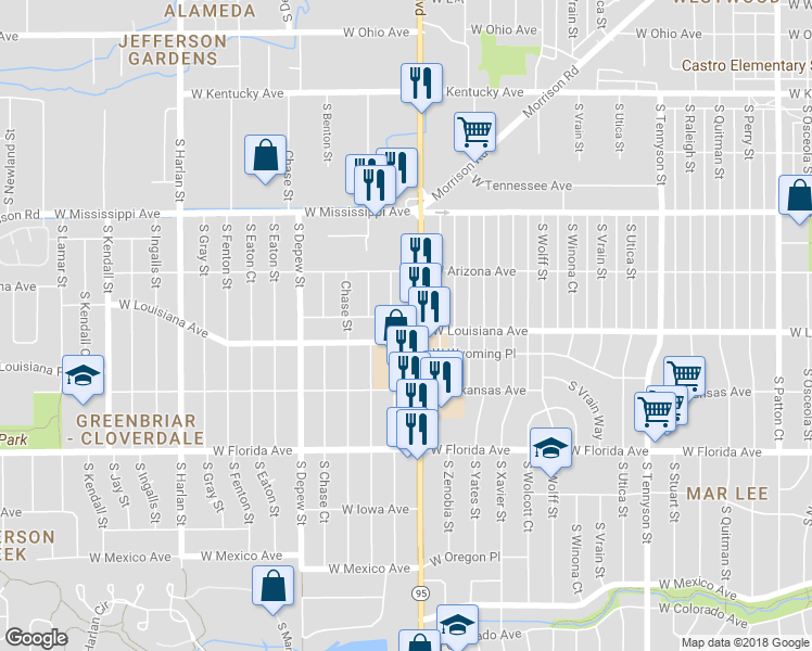 map of restaurants, bars, coffee shops, grocery stores, and more near 1289 South Sheridan Boulevard in Lakewood