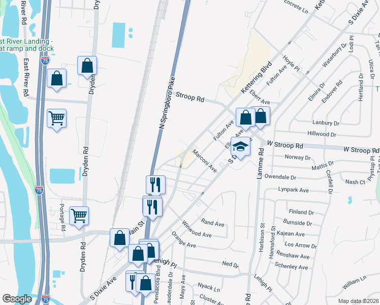 map of restaurants, bars, coffee shops, grocery stores, and more near 4200 Kettering Boulevard in Moraine