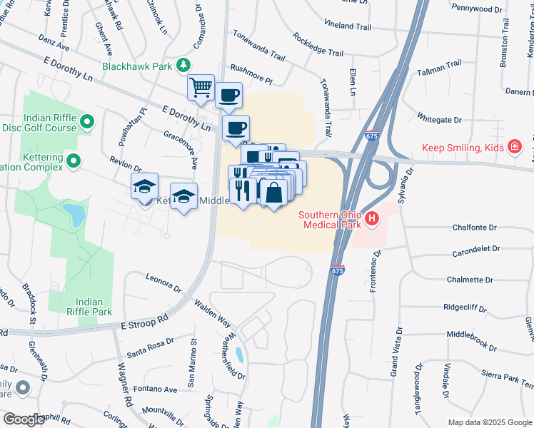 map of restaurants, bars, coffee shops, grocery stores, and more near 4450 Buckeye Lane in Beavercreek