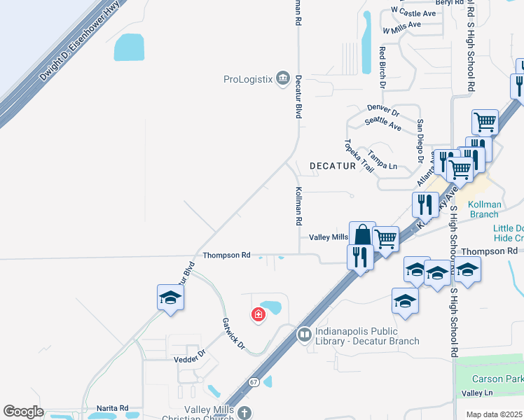 map of restaurants, bars, coffee shops, grocery stores, and more near 4835 Decatur Boulevard in Indianapolis