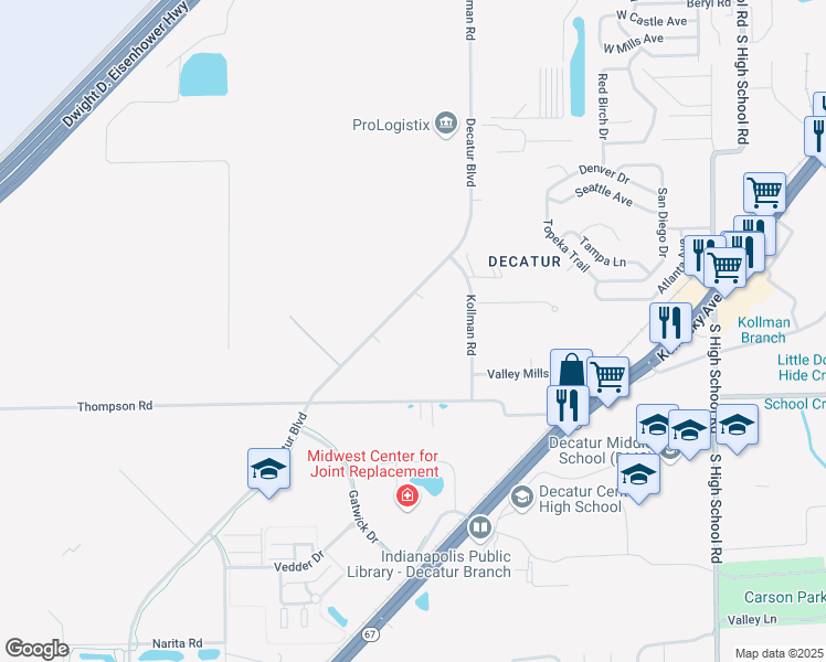 map of restaurants, bars, coffee shops, grocery stores, and more near 4835 Decatur Boulevard in Indianapolis