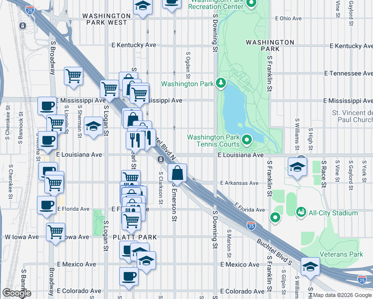 map of restaurants, bars, coffee shops, grocery stores, and more near 1301 South Ogden Street in Denver
