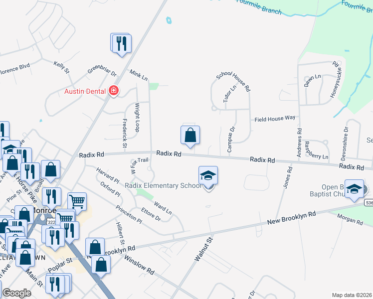 map of restaurants, bars, coffee shops, grocery stores, and more near 292 Radix Road in Monroe Township