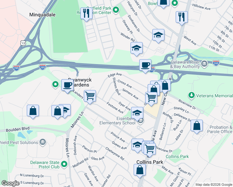 map of restaurants, bars, coffee shops, grocery stores, and more near 128 Stamm Boulevard in New Castle