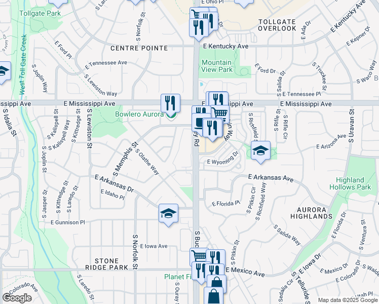 map of restaurants, bars, coffee shops, grocery stores, and more near 16872 East Wyoming Circle in Aurora